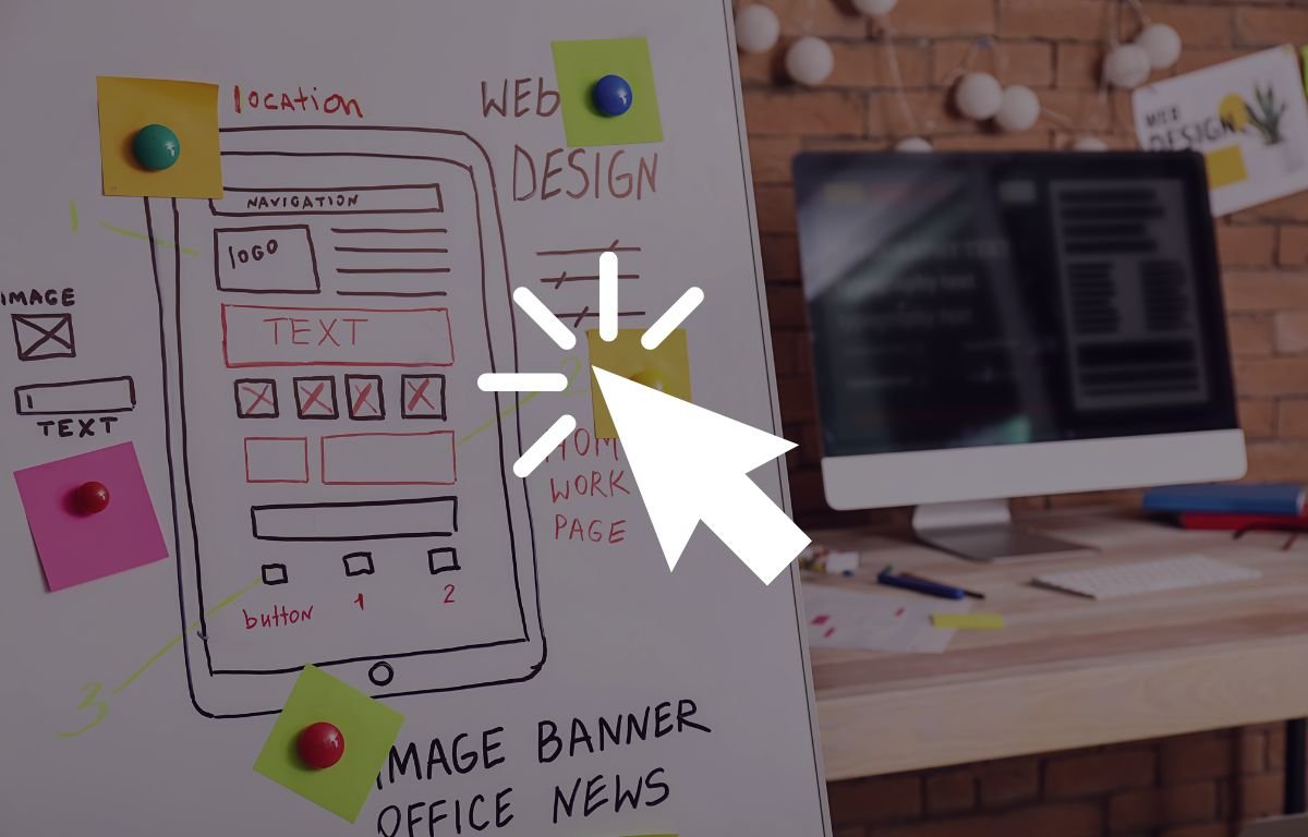 Whiteboard displays a hand-drawn website wireframe with notes and sticky notes; a computer monitor and office items are visible in the background. A large cursor icon is overlaid on the image. Designed by Circular Design, a not-for-profit web design agency.