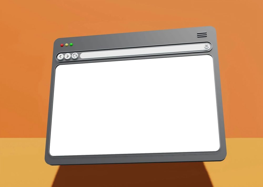 mediamodifier-8pc4Z3XEBO8-unsplash Illustration of a blank browser window with a gray frame on an orange background, evoking the setup stage for wordpress hosting.