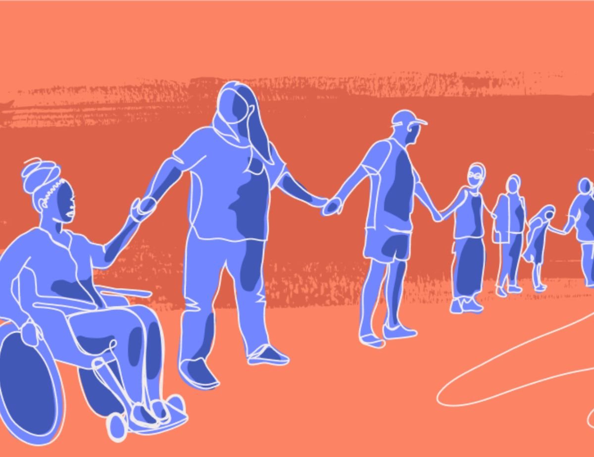 pda society Illustration of diverse people, including a person in a wheelchair, standing in a line and holding hands on an orange background. Designed by Circular Design, a not-for-profit web design agency.